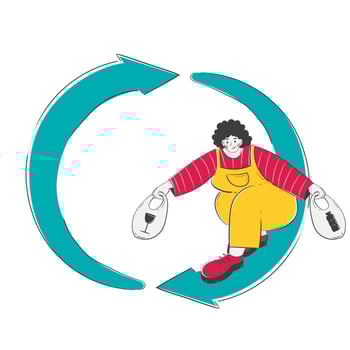 black woman skates on a recycling logo and carries  bags of sorted plastic and glass vector