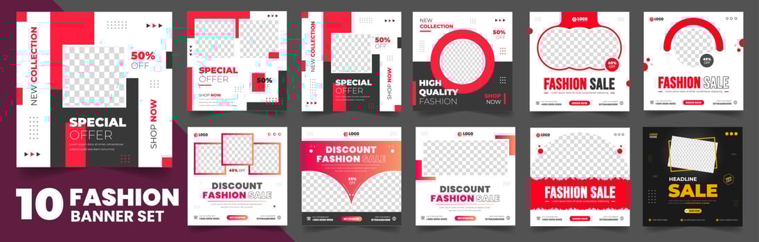 set of 10 big mega collection fashion sale Editable minimal square banner template. fashion sale social media post banner design template  bundle, discount, fashion sale, mega sale bundle banner. vector