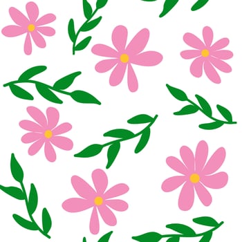 cute seamless vector pattern background illustration with pink daisy flowers and green leaves