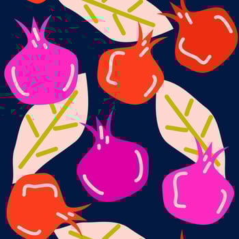 cute contemporary seamless vector pattern background illustration with abstract pomegranates and leaves