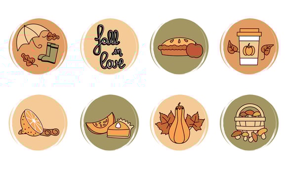 Vector set of logo design templates, icons and badges for social media highlight with cute autumn fall symbols