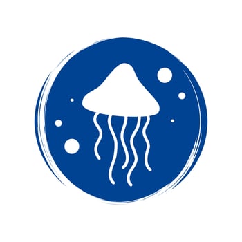 Cute logo or icon vector with white jellyfis silhouette in the sea, illustration on circle for social media story and highlights