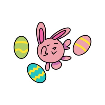 pink easter bunny, jumping surrounded by 3 easter eggs. vector