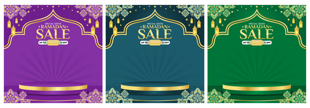 Islamic ornament template for background, sale, product photo, banner, poster, cover design, envelope, social media feed. Ramadan Kareem and eid mubarak 2023 greeting concept with podium vector
