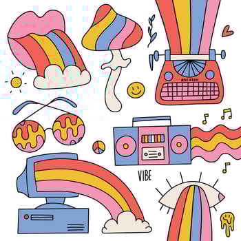 Set of hipster groovy retro rainbow psychedelic elements. Awesome collection of trippy iridescent cliparts in 70s vintage style. Trend vector sticker illustration. Lips, typewriter, pc, eye