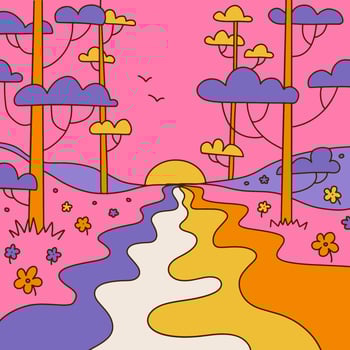 90s groovy square poster. Cartoon psychedelic retro style. Bright hippie landscape and retro floral elements. Trip nature with rainbow river, sunset, trees, trip wave. Vector contour illustration.