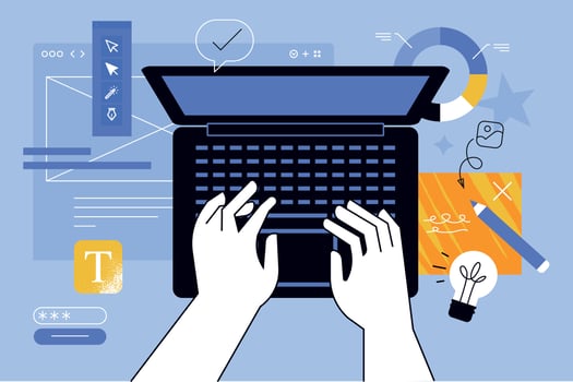 Vector illustration of  website design and development, programming, seo.  Creative concept for web banner, social media banner, business presentation, marketing material.