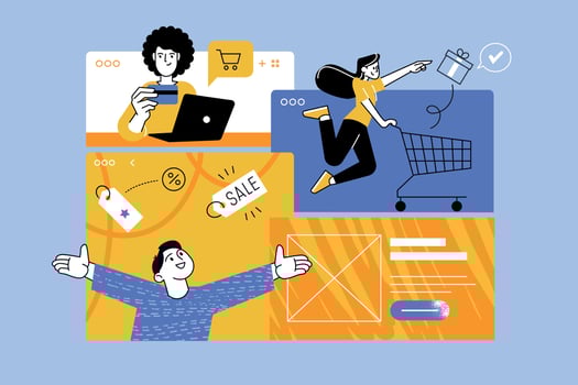 Vector illustration of e-commerce, online shopping, sale, online shop. Creative concept for web banner, social media banner, business presentation, marketing material.