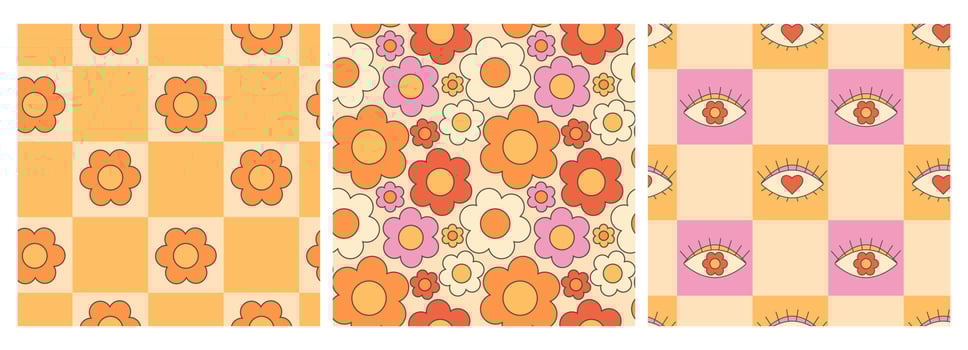 Retro groovy hippie seamless pattern set. Seamless abstract geometric pattern. Abstract floral background. vector