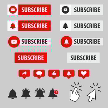 Vector subscription interface  red and white button icons, cursor, hand for web design and internet