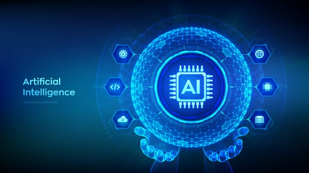 AI. Artificial Intelligence in the shape of sphere with hexagon grid pattern in wireframe hands. Machine Learning Concept. Big data. Neural networks. AI and virtual technology. Vector illustration.