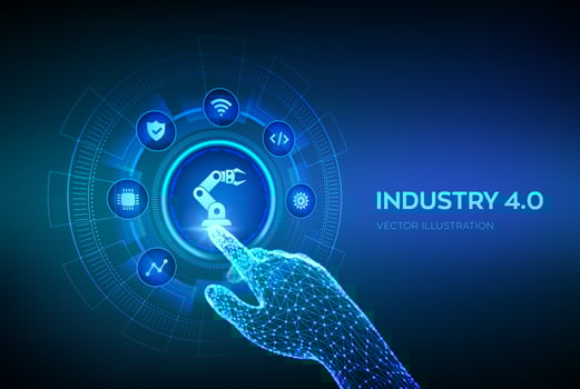 Smart Industry 4.0 concept. Factory automation. Autonomous industrial technology. Industrial revolutions steps. Robotic hand touching digital interface. Vector illustration.