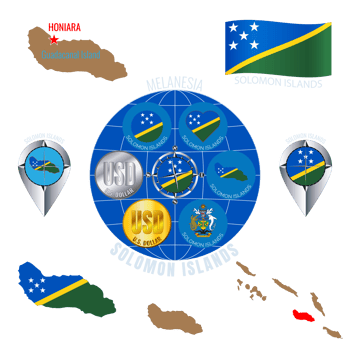 Set of illustrations of flag, outline map, icons of SOLOMON ISLANDS. Travel concept. png