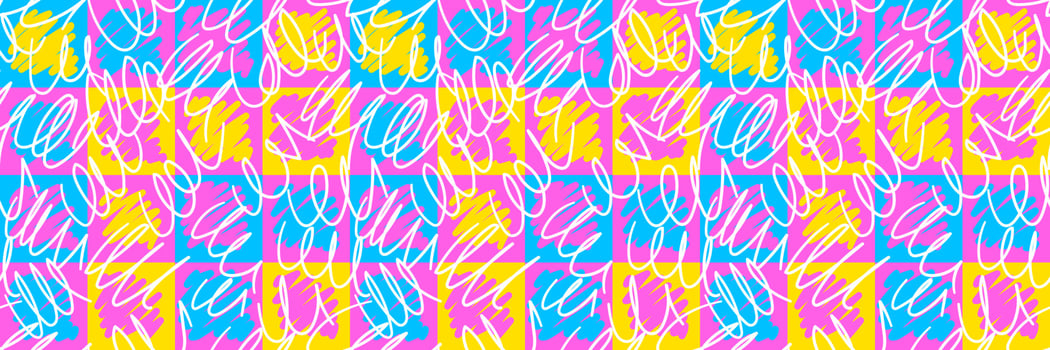 Abstract colorful graffiti seamless pattern with neon squares and scribbles. Bright graphic urban design for textiles, sportswear, prints, wrapping, cover design. Vector illustration.