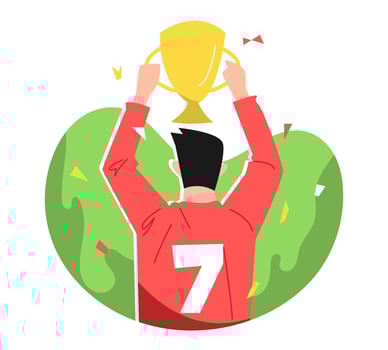 football athlete lifts championship trophy. soccer player number 7. rear view. flat vector illustration.