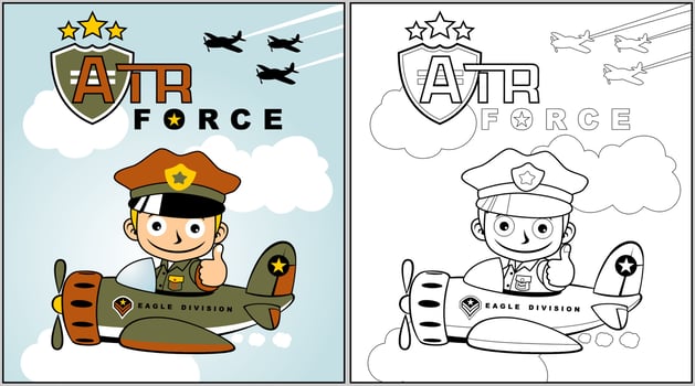young pilot on military airplane, coloring book or page, vector cartoon illustration