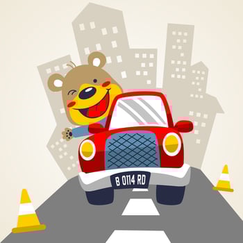 happy bear driving car in city road, vector cartoon illustration