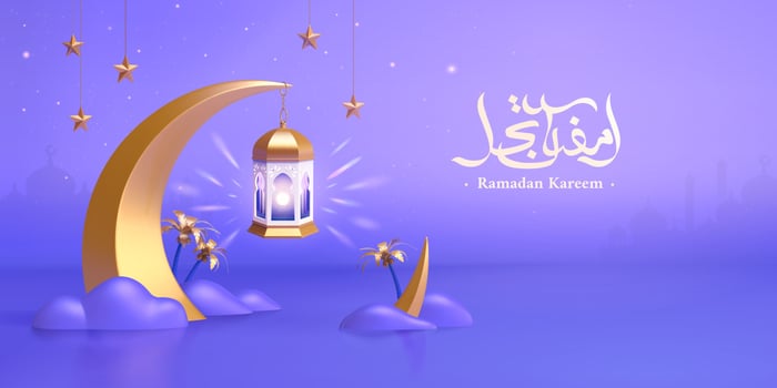3d creative Arabic banner, designed with a beautiful Ramadan lantern hanging on large metal crescent moon. Islamic holiday background design for greeting card or sale event. vector