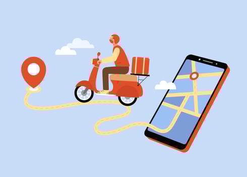 Online food or grocery delivery service. Illustration of a person ordering food deliver on phone and a courier is riding scooter in the city. vector