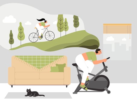 Woman is doing cycling exercise at home and thinking she is riding uphill in a cycle. Flat illustration of cardio workout, designed in white and green color tone. vector