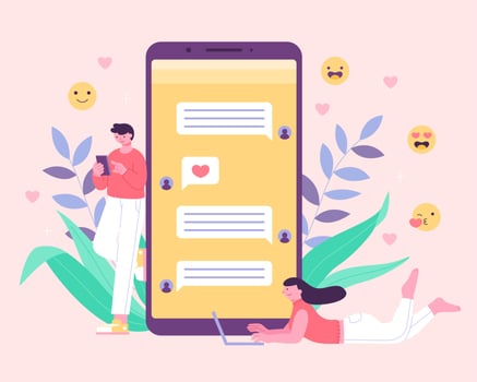 Dating app and virtual relationship. Colorful flat illustration of couple communicating via application. Woman with laptop chatting with man with phone. vector