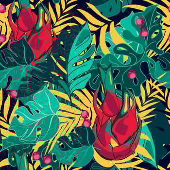 Tropical leaves and dragon fruit botanical pattern vector