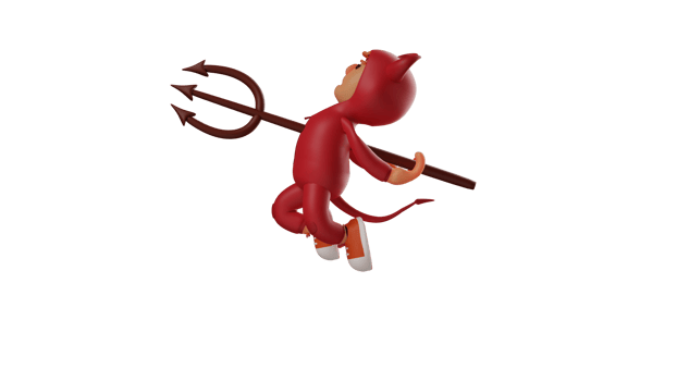 3D illustration. Dead Red Devil 3D Cartoon Character. The crimson demon floated up with a trident stuck in its body. The red devil lost the fight with his opponent. 3D cartoon character png