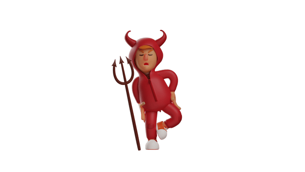 3D illustration. Tired Red Devil 3D Cartoon Character. Red devil in funny pose. Demon took the trident and put his hand on his waist. Boy Devil showed an expression of pain. 3D cartoon character png