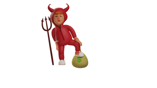 3D illustration. Rich Devil 3D Cartoon Character. The rich red demon carried a trident and placed one foot on the money sack. A crimson demon that showed an expression of pain. 3D cartoon character png