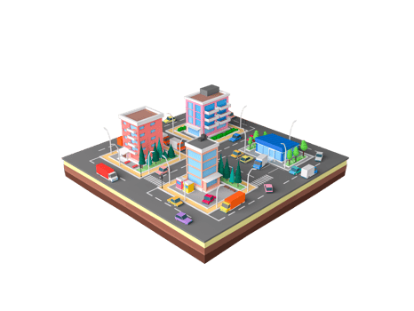 Isometric cartoon low poly city landscape, 3d rendering png