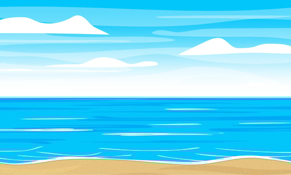 A beach scene with a blue sky and clouds. Ocean or sea landscape. Vector illustration.