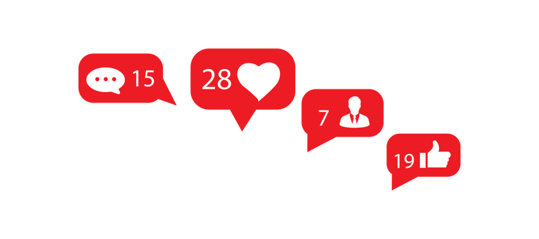 Single social media icon red and white with human symbols, likes, hearts and chat. png