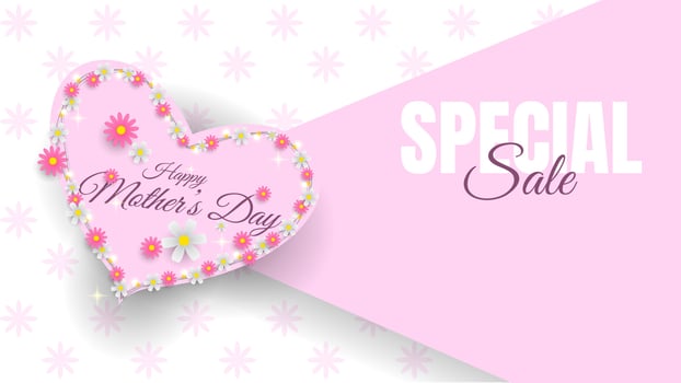 happy mother's day sale banner design with flowers and  heart shapes in pink and white color for business promotion vector