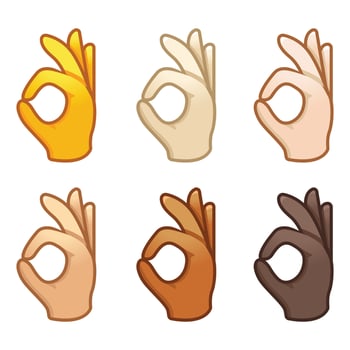 Different mood emoji. Emotional okay emoji hand set of various skin tonescute cartoon stylized vector cartoon illustration icons. Isolated on white background.