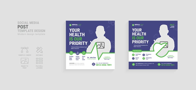Clinical doctor social media post template vector