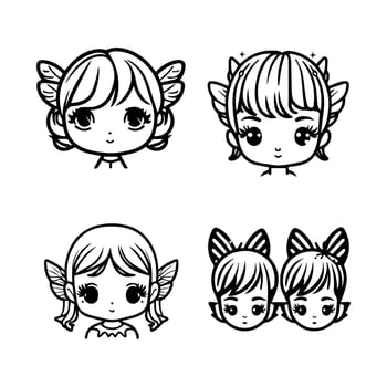 cute anime fairies princess angel head kawaii collection set hand drawn illustration vector