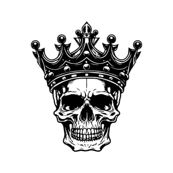 A collection of Hand drawn, black and white line art illustrations featuring a smiling skull wearing a regal crown vector