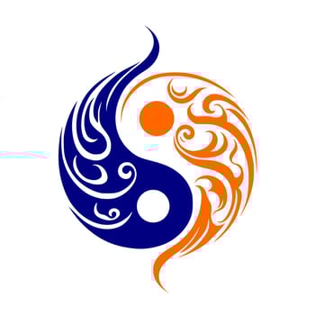 Ornamental Yin Yang sign in blue and orange colors. Vector design for tattoo, mascot, logo, sign, emblem, t-shirt, embroidery, crafting, sublimation.