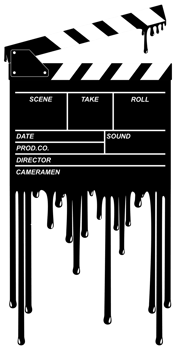 Silhouette of the Bloody Clapperboard Sign for Film or Movie Icon Symbol with Genre Horror, Thriller, Gore, Sadistic, Splatter, Slasher, Mystery, Scary or Halloween Poster Film Movie. Format PNG
