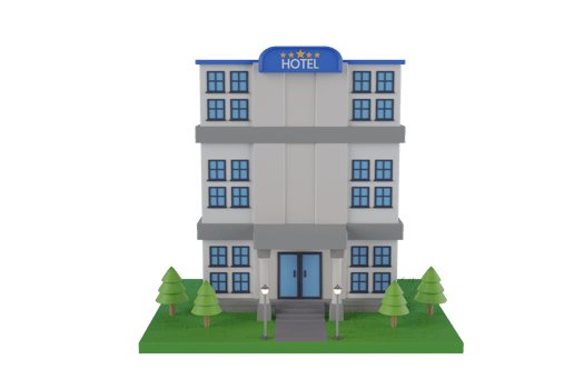 hotel building with neon sign and trees. Hotel on earth and lawn grass in real estate. 3d rendering png