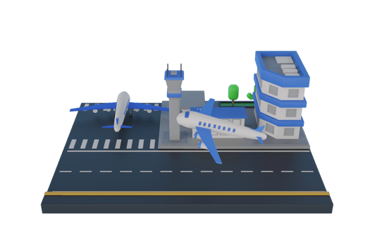 3D Airport Terminal Infrastructure.Parked airplanes with boarding bridges, postal service aircraft loading, airplane on the runway, aircraft maintenance hangars, airport machinery. 3D Rendering png