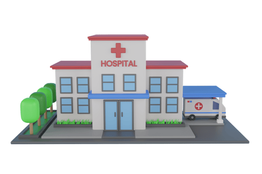 Hospital Building Isolated. Front view on a modern hospital building and surrounding area on a piece of ground, 3d illustration png