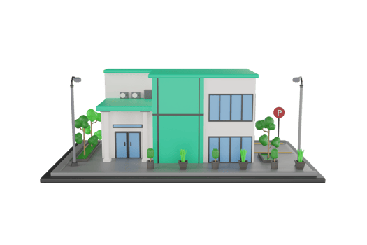 modern business office building with green trees and cars parking in front of the workplace. 3d illustration of business office building. 3d rendering png