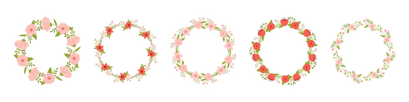 Vector set of floral wreaths in flat design. Collection of text templates with spring plants in pink and red colors. Flower round frames copy space. Flower wreaths for greeting cards and invitations.