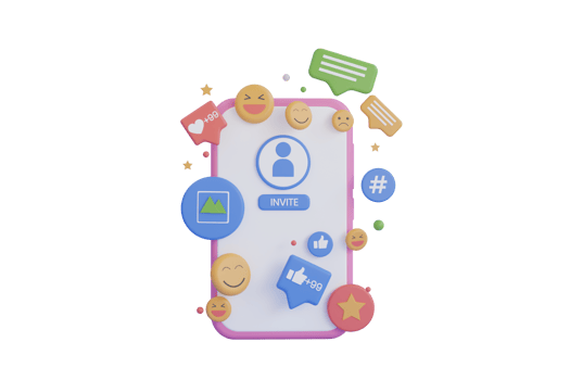 3D Social media platform.  online social communication applications concept, emoji, hearts, chat , invite, follow and image with smartphone background. 3d rendering png