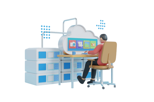 3D Cloud storage library shelf and people on the ladders upload download folder data disc information. Cloud server. Online data storage. 3d rendering png