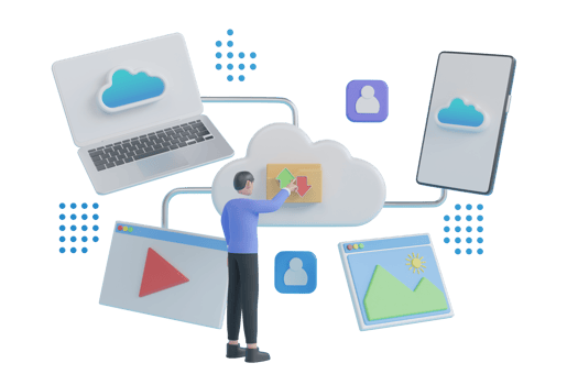 3D Cloud computing upload and download data online service.Hosting provider, Data backup, Cloud computing. Big cloud with connected computer, phone, tablet, media player. 3d rendering png