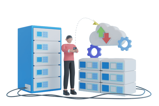 3D Digital service or app with data transfering. 3d servers and datacenter connection network. Online computing technology. 3d rendering png