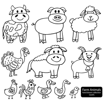 Vector Illustration of Cartoon Animals farm set - Coloring book