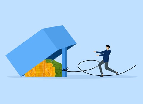 investment problem concept. Money trap to lure greedy people, Businessman get into wooden box trap to get dollar banknotes. illegal investment scams, financial scams, risky businesses, dubious project vector